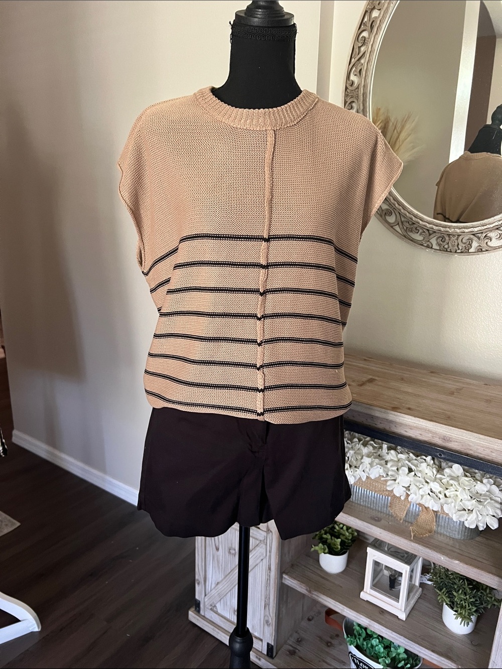 The Limited Beige Striped Knit Women's Shorts Set